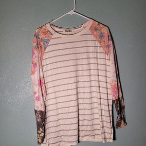 Haptics Long Sleeve Cream, Gray Stripped Shirt with Floral Sleeve